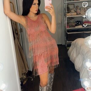 Zara Beaded Pink Salmon and Silver Fringe Mini Dress